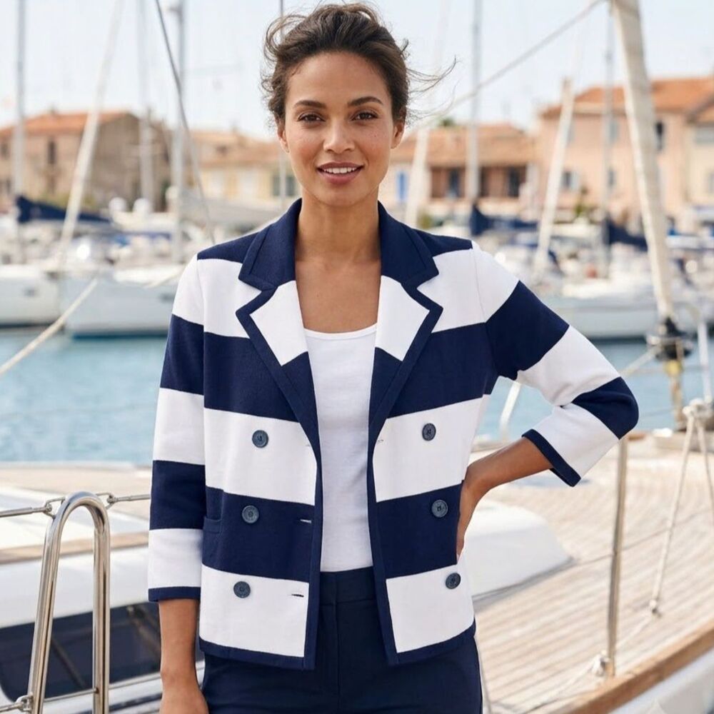 Lands End Nautical Striped Jacket Womens Sz L Double Breasted Navy Cotton Boxy